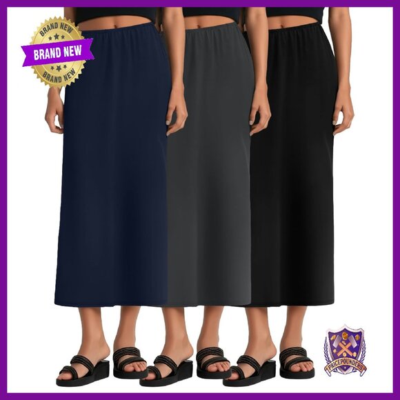 3 Pack Long Maxi Skirts with Pockets Elastic Waist Back Slit